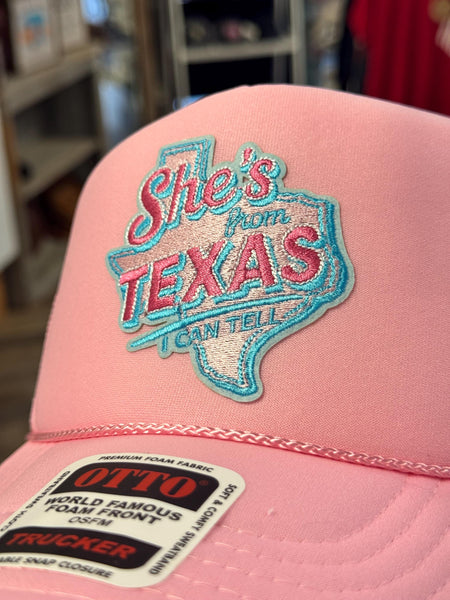 Pink Texas Trucker Hat, "She's From Texas" Patch, Country Concert Style