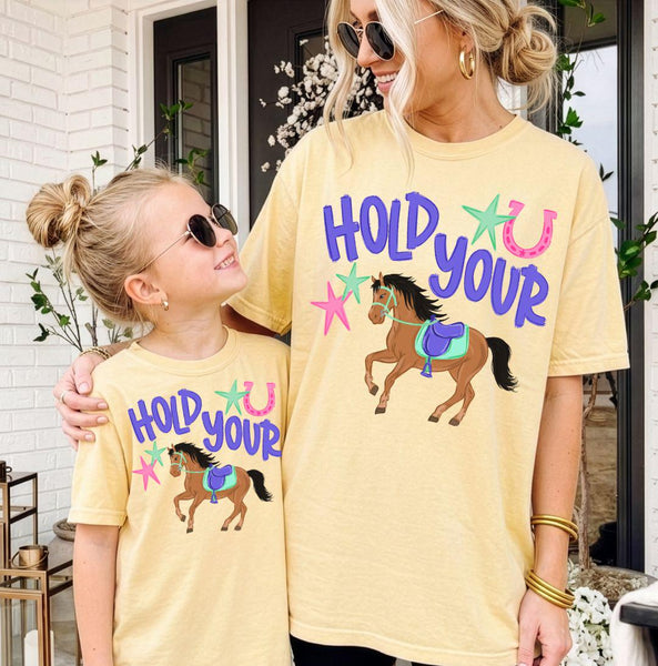 Hold Your Horses Western Graphic Comfort Colors T-Shirt, Matching Mommy and Me Horse Lover