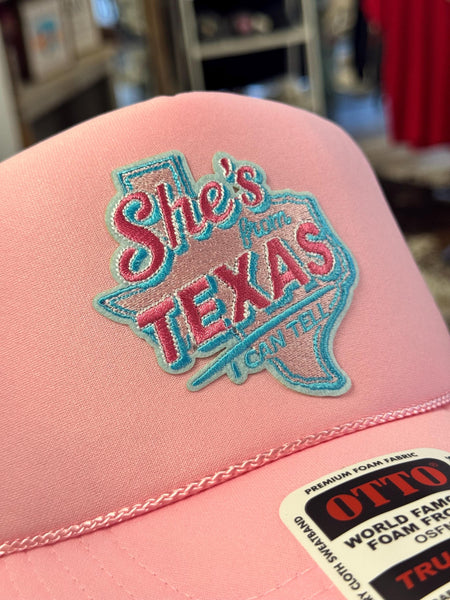 Pink Texas Trucker Hat, "She's From Texas" Patch, Country Concert Style