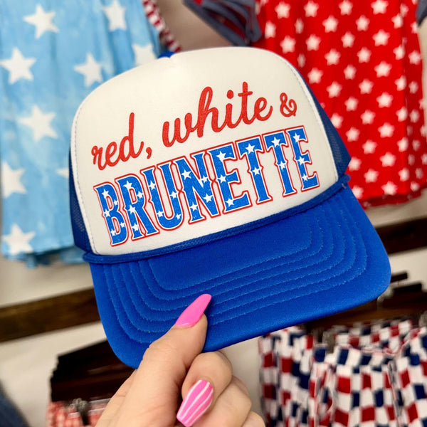 Red White & Brunette Trucker Hat, Fourth of July Hat, Country Girl Summer Cap