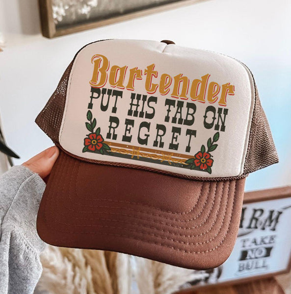 Retro Bartender Put His Tab on Regret Trucker Hat, Funny Country Western Cap