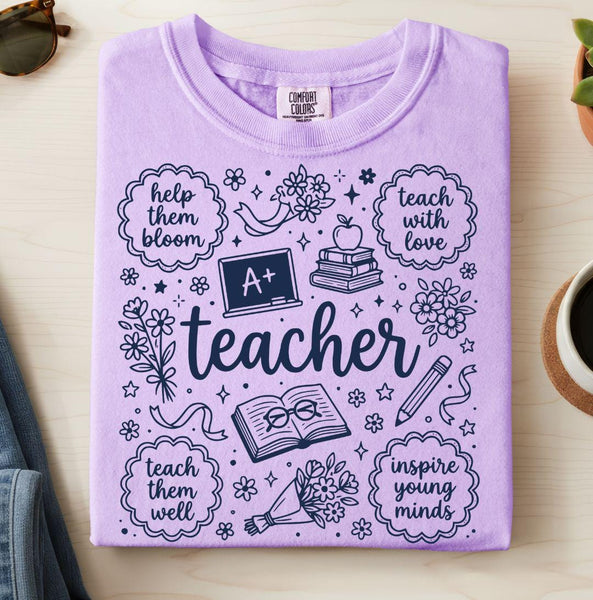 Floral Teacher Doodle Graphic Tee, Back to School Comfort Colors Tshirt