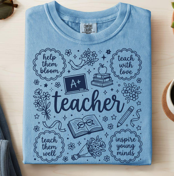 Floral Teacher Doodle Graphic Tee, Back to School Comfort Colors Tshirt