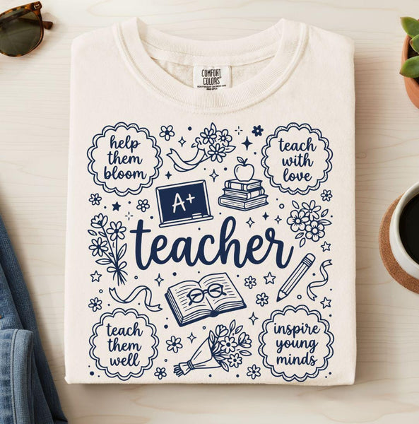 Floral Teacher Doodle Graphic Tee, Back to School Comfort Colors Tshirt