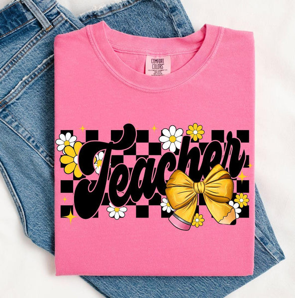 Checker Teacher Pencil Graphic Tee, Teacher Comfort Colors Shirt, Back to School Teaching Gift