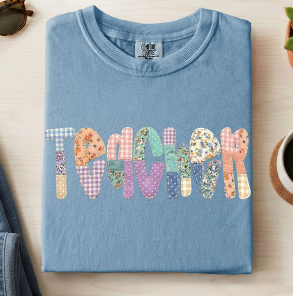Teacher Patchwork Graphic Comfort Colors Shirt, Faux Quilt Back To School Tee