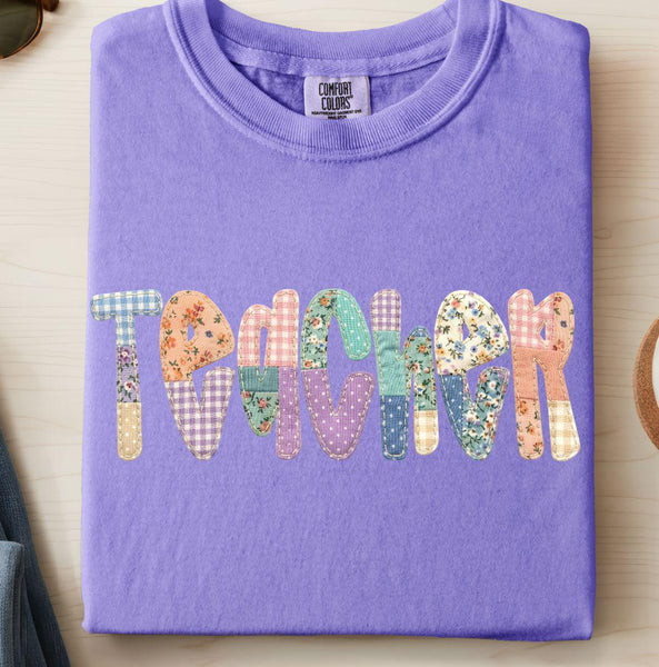 Teacher Patchwork Graphic Comfort Colors Shirt, Faux Quilt Back To School Tee