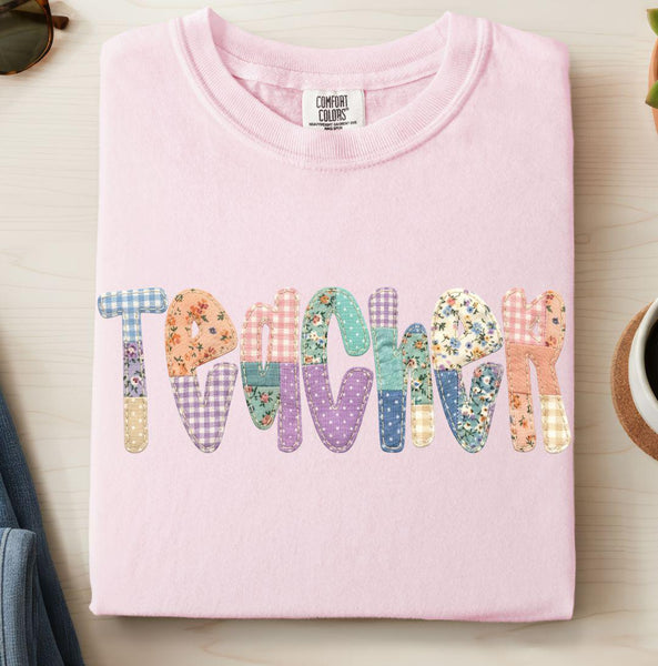 Teacher Patchwork Graphic Comfort Colors Shirt, Faux Quilt Back To School Tee