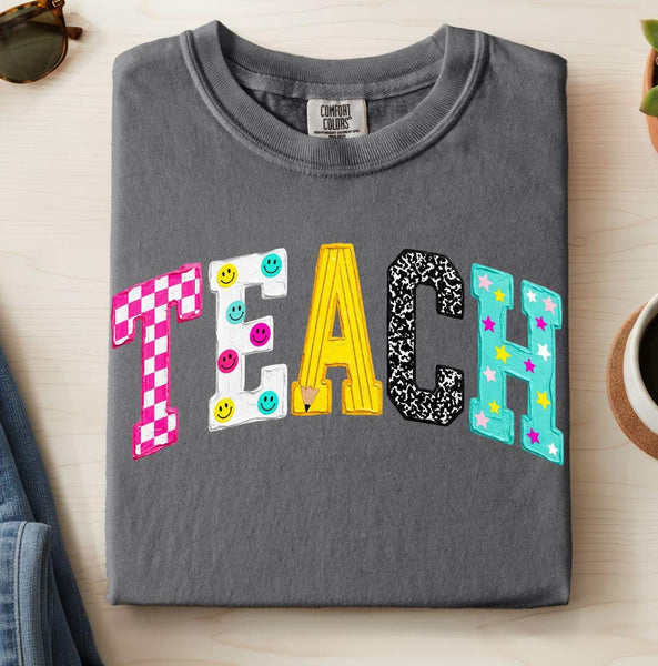 Teach Graphic Comfort Colors Tee, Colorful Teacher Back to School Tshirt