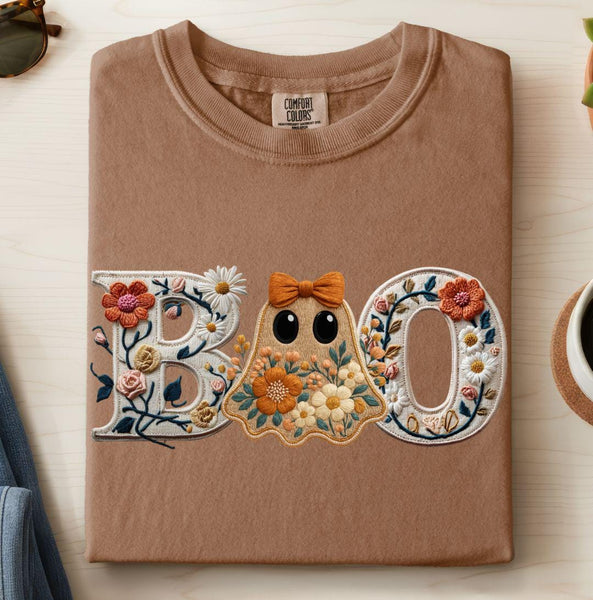 Faux Embroidery Boo Graphic Tee, Floral Ghost Halloween Comfort Colors Tshirt