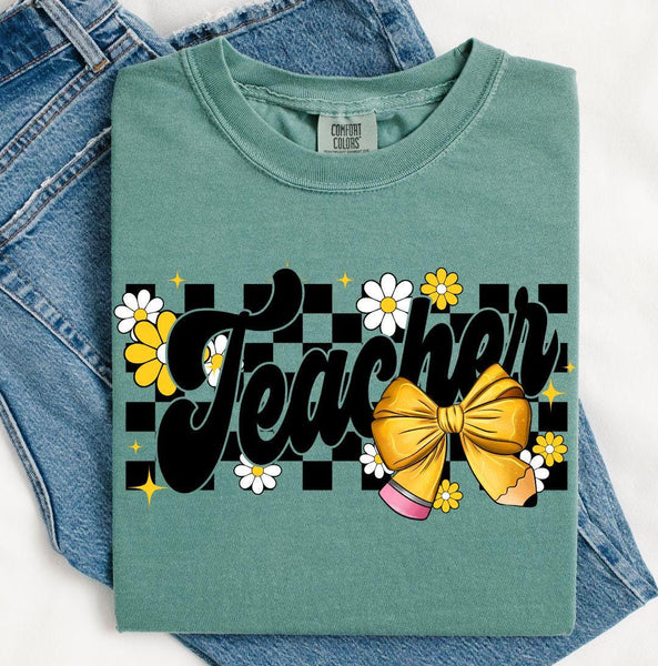 Checker Teacher Pencil Graphic Tee, Teacher Comfort Colors Shirt, Back to School Teaching Gift