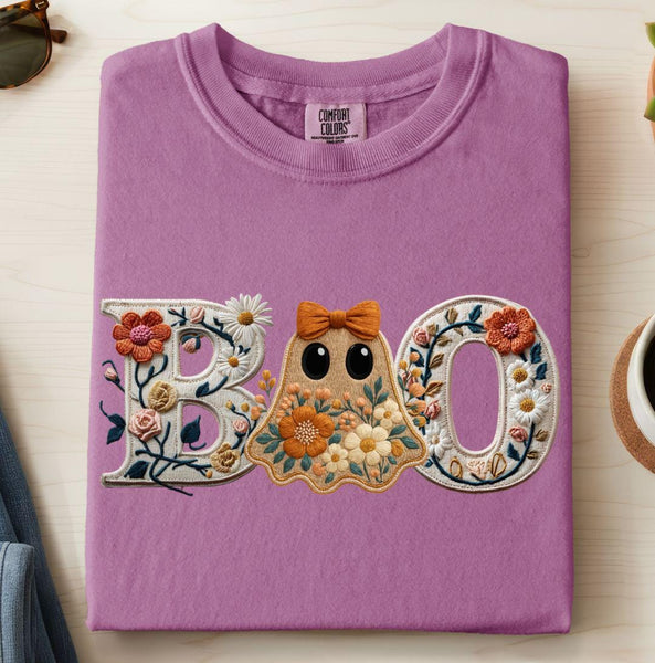 Faux Embroidery Boo Graphic Tee, Floral Ghost Halloween Comfort Colors Tshirt