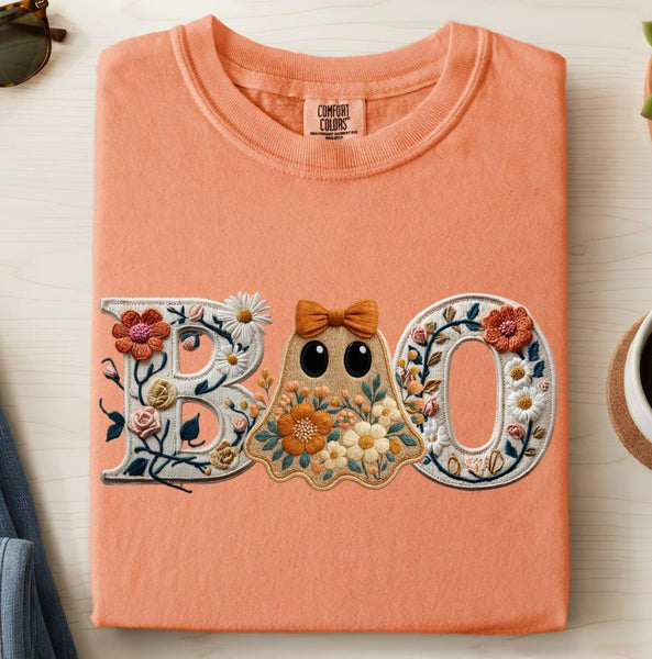 Faux Embroidery Boo Graphic Tee, Floral Ghost Halloween Comfort Colors Tshirt